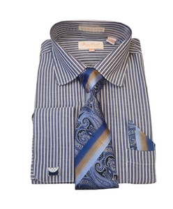 Bruno Conte French Cuff Dress Shirt With Tie Set Combo Navy / 16.5 36/37 Bruno Conte French Cuff Dress Shirt With Tie Set Combo Navy / 16.5 36/37
